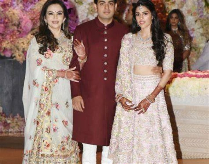 Akash Ambani with his fiance Shloka Mehta during their pre-engagement party in Mumbai on June 28, 20