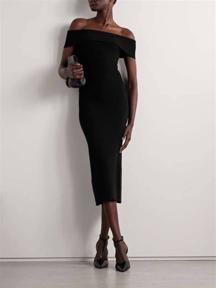 Altuzarra off-the-shoulder evening dress ($1,295), Stella McCartney mini Falabella crystal tote, photo by Ian Jacob