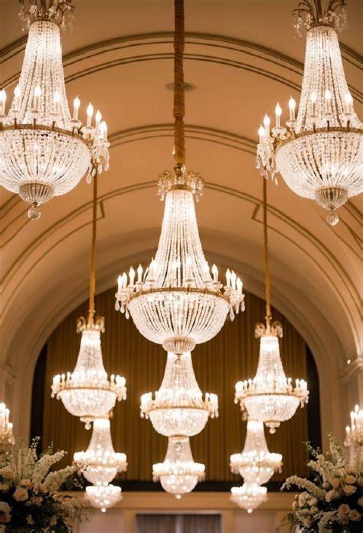 Glistening chandeliers hang from the ceilings