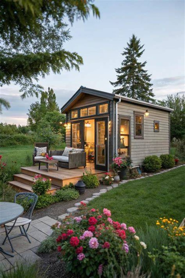 Outside the tiny home, you'll have space for a garden or playground in your backyard