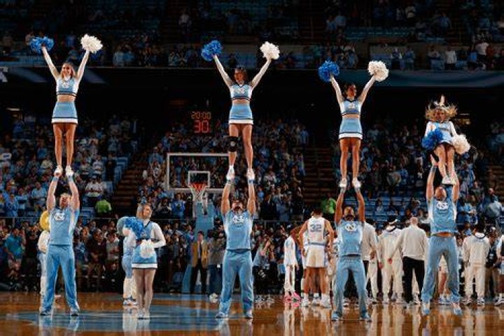 The Carolina cheerleading squad cheers during a game against the Gardner Webb Runnin Bulldogs on November 15, 2022, at the Dean Smith Center in Chapel Hill, North Carolina