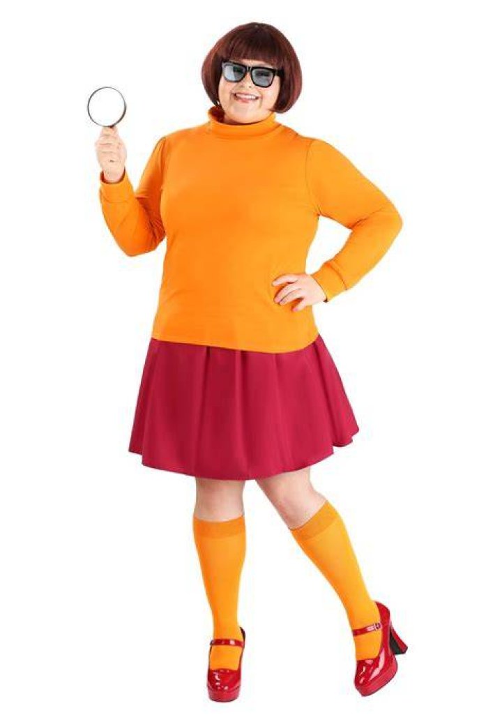 Women Velma Costume Adult Halloween Costume Cosplay Outfit with Bob Wig, Red Skirt, Shirt, Glasses, Magnifier, Socks OU060XXL